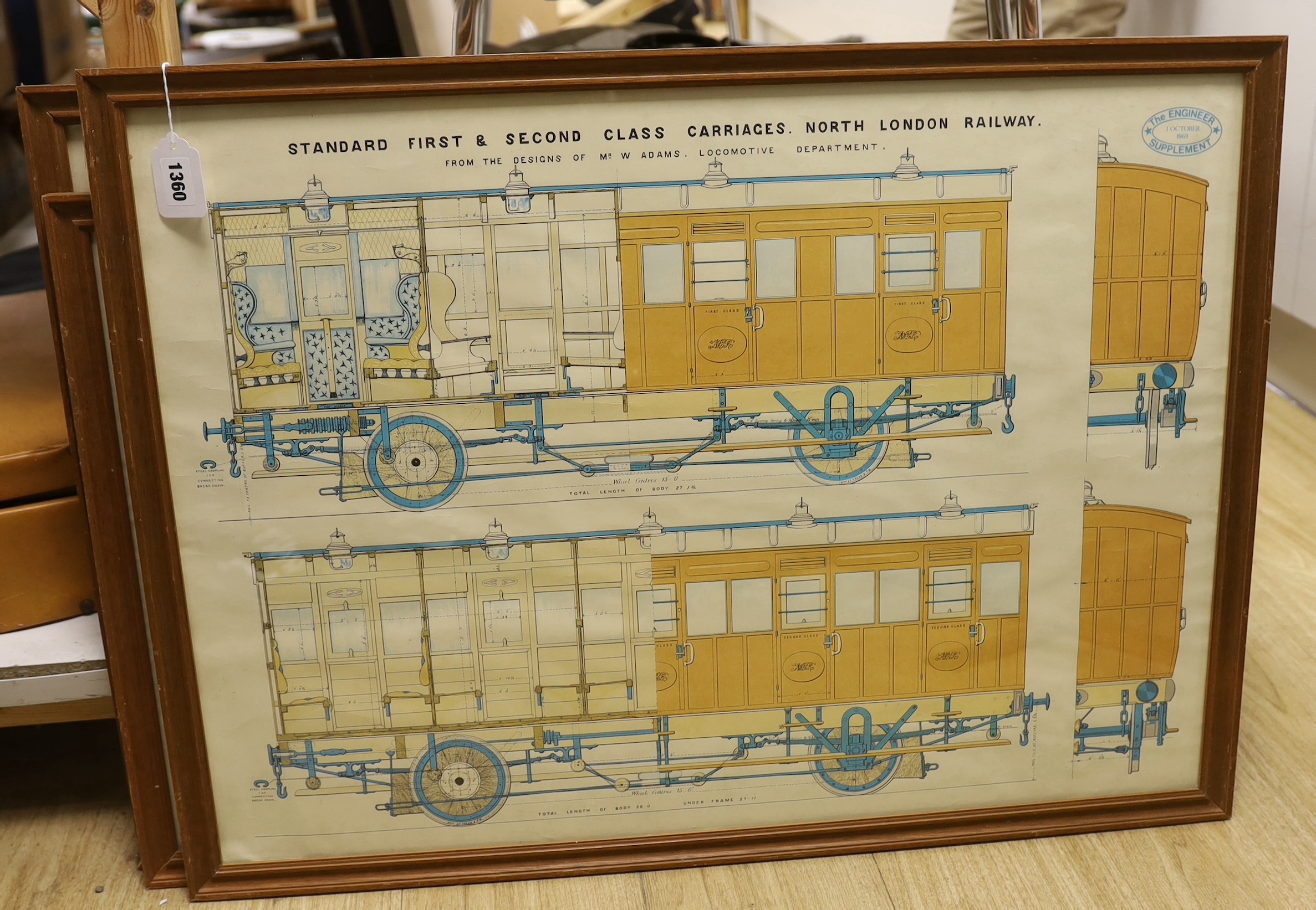 Five framed engineer’s drawings, printed supplements from The Engineer magazine, including; a Cornish Pumping Engine, North London Railway 4-wheel carriage, Sterling Single locomotive, etc. largest 58.5 x 85.5cm